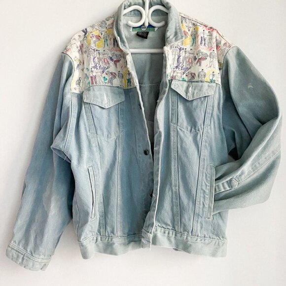 Vintage 80s " The Nylons"  Band Light Wash Denim Patchwork Embroidered Jacket L - Picture 3 of 8